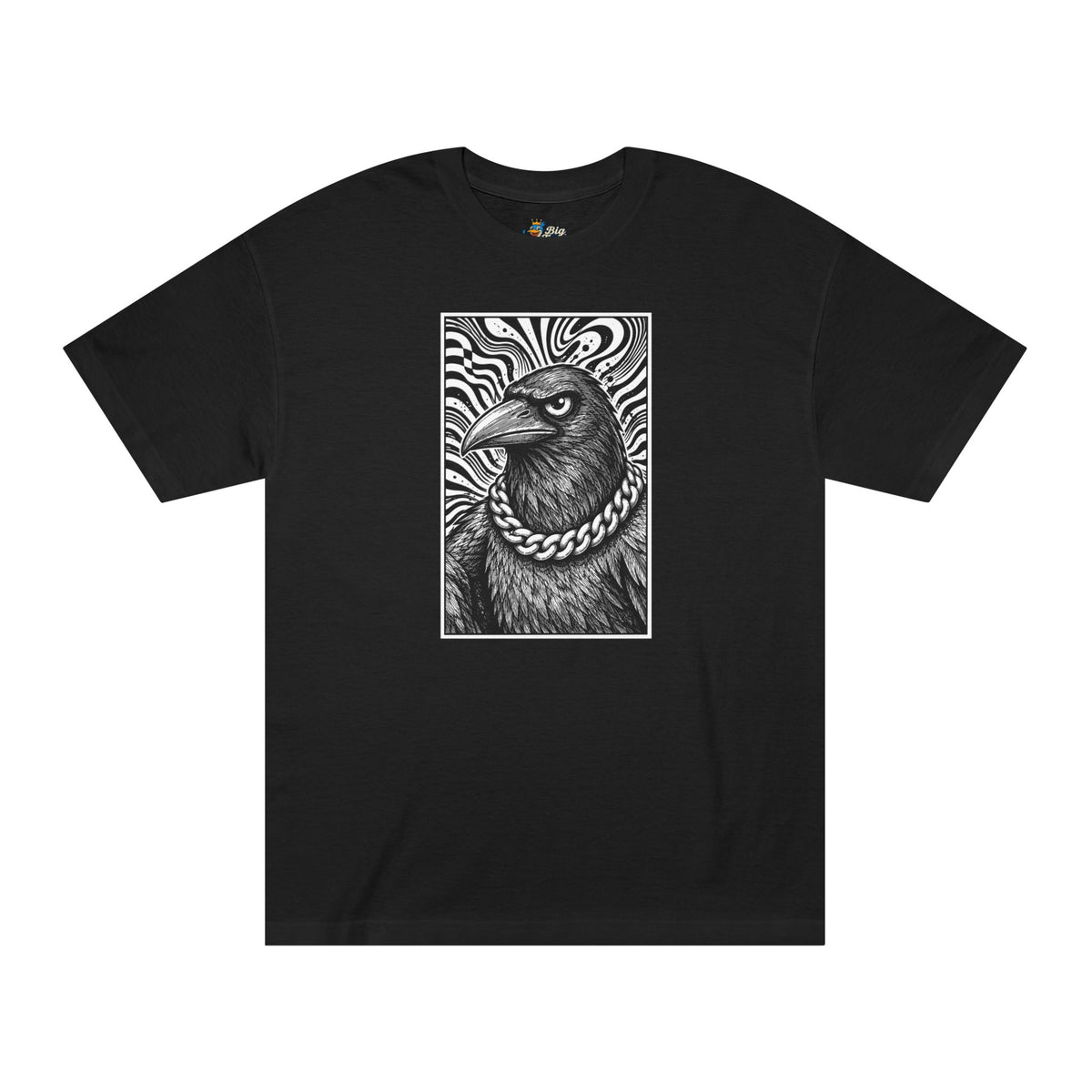Big Tiny Crew 100% Cotton Portrait of "Edgar" the Raven on a t-shirt